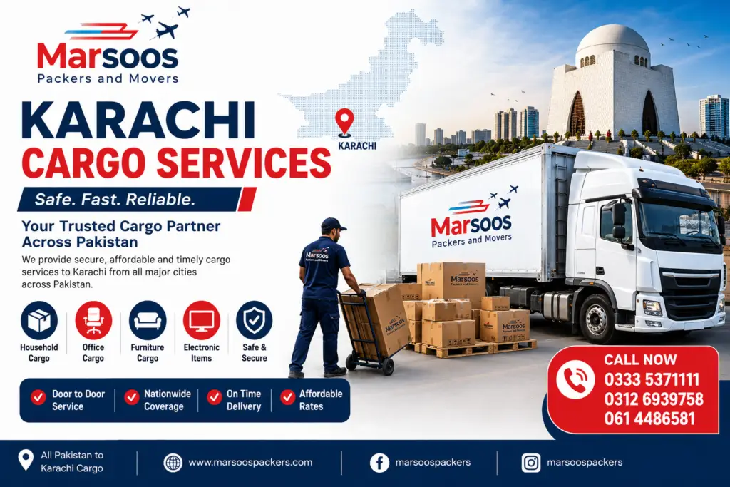 The image is designed to promote Marsoos Packers and Movers’ Karachi cargo services across Pakistan. Its purpose is to attract customers looking for reliable cargo transportation, packing, and moving solutions. The poster highlights key services such as household cargo, office cargo, furniture shifting, electronic item transport, door-to-door delivery, and nationwide cargo coverage.
The design uses strong branding, a professional truck image, cargo boxes, and Karachi landmarks to build trust and show nationwide logistics capability. Contact numbers and service benefits like safe packing, fast delivery, affordable rates, and secure transportation are included to encourage potential customers to contact the company for cargo and moving services.