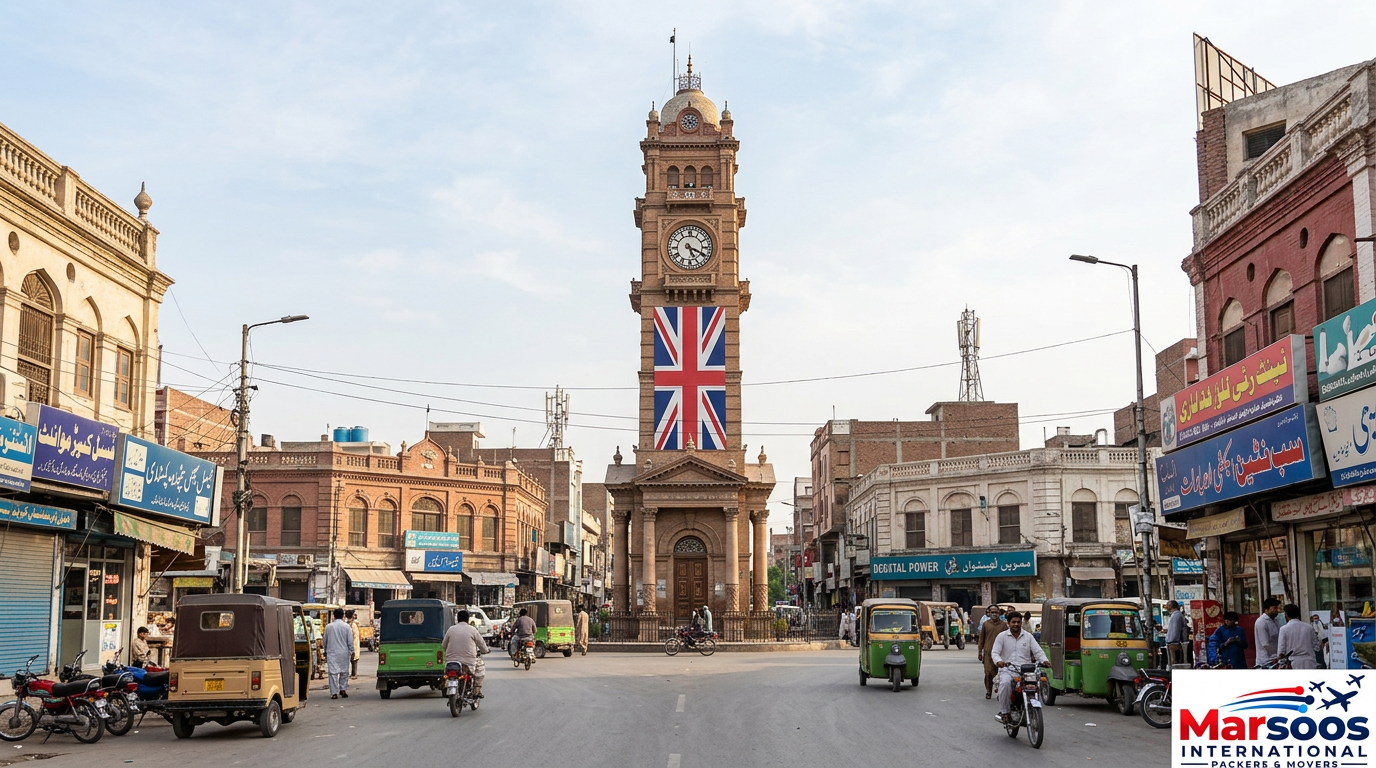 Ghanta Ghar clock tower in Faisalabad, Pakistan, a city served by Marsoos International Packers and Movers
