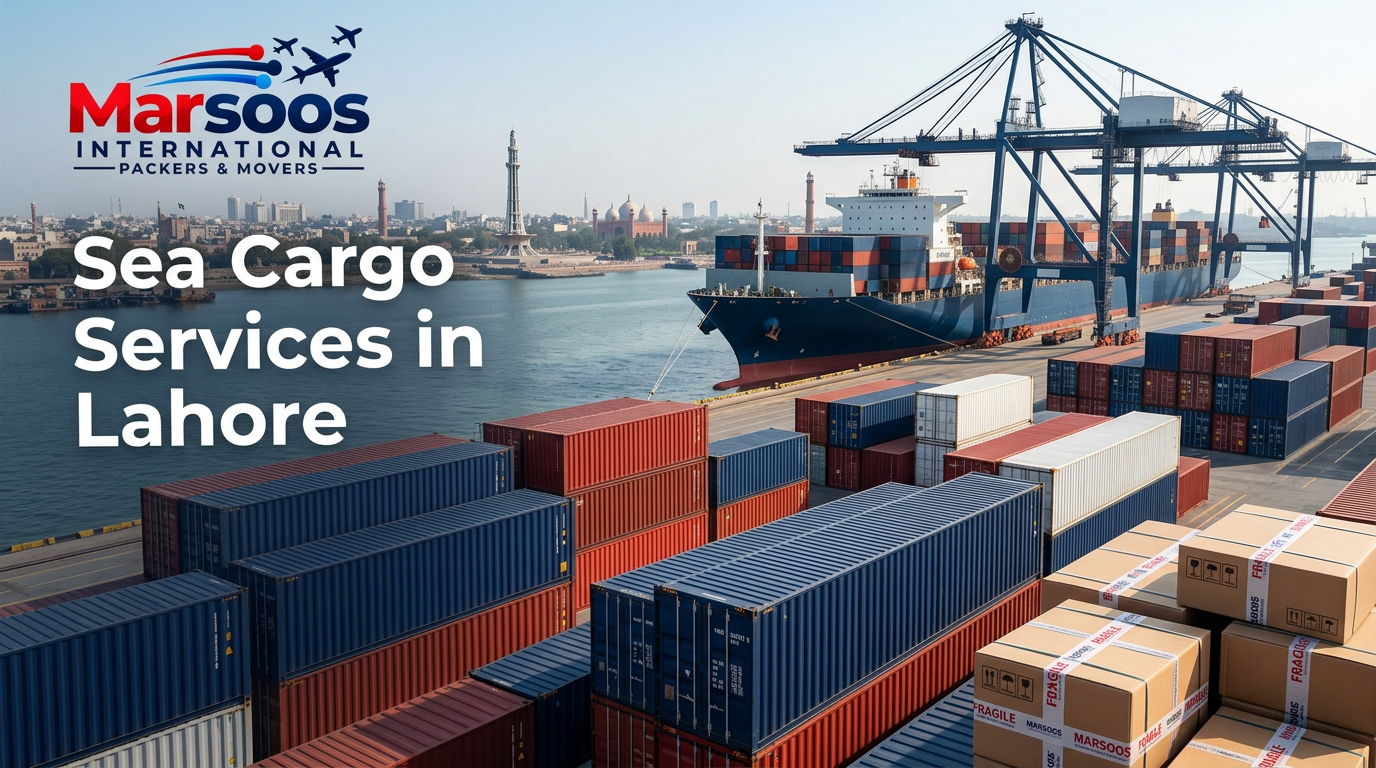 Container ship and stacked shipping containers at port for Marsoos sea cargo services in Lahore