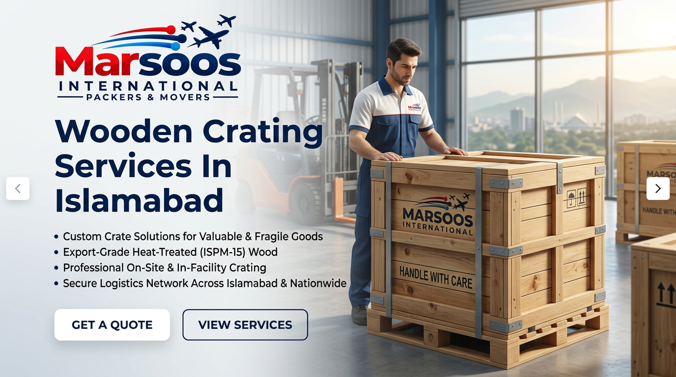 Marsoos technician building a heat-treated wooden export crate for fragile goods in Islamabad