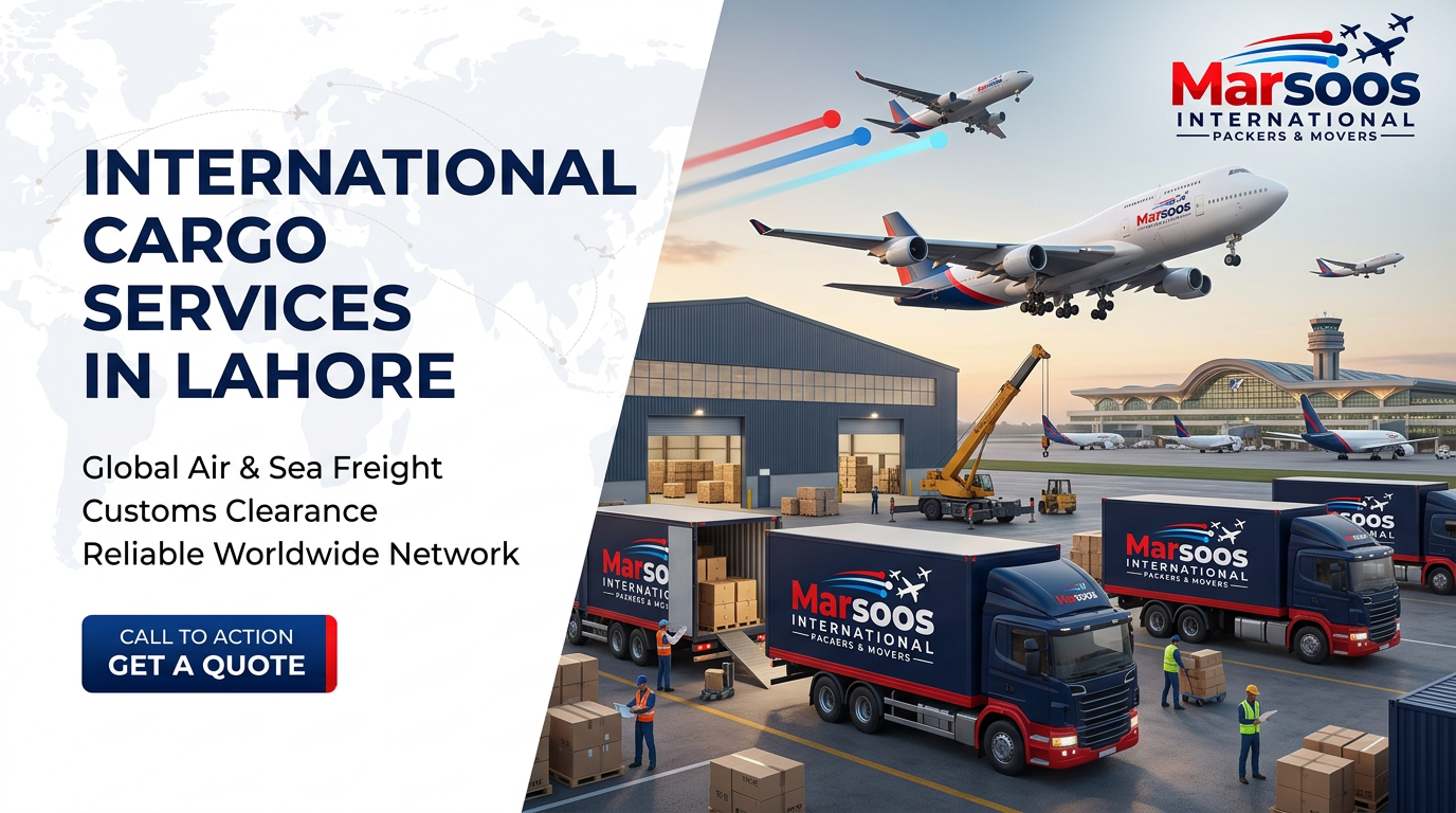 Marsoos International cargo trucks and aircraft loading at Lahore airport for international air freight