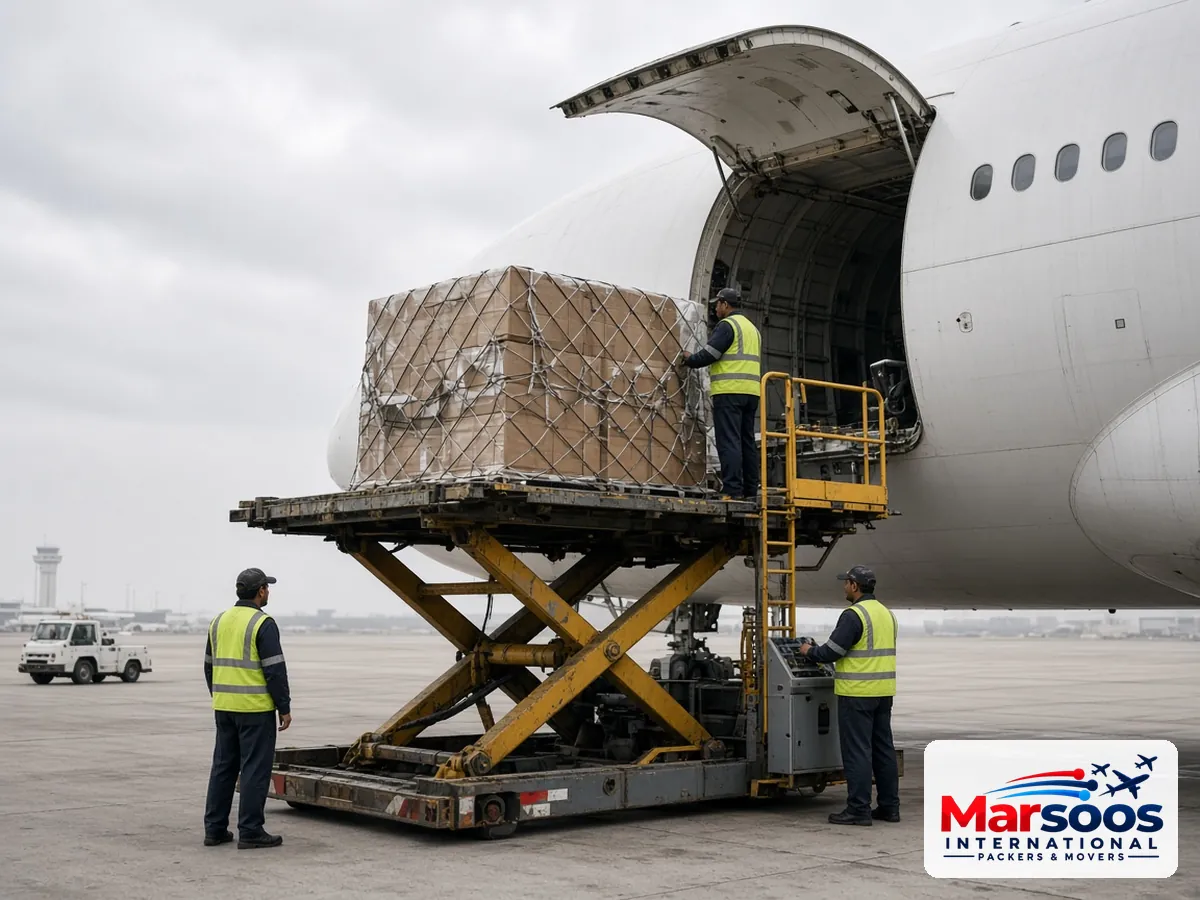 Air cargo pallet being loaded into a freighter aircraft in Pakistan