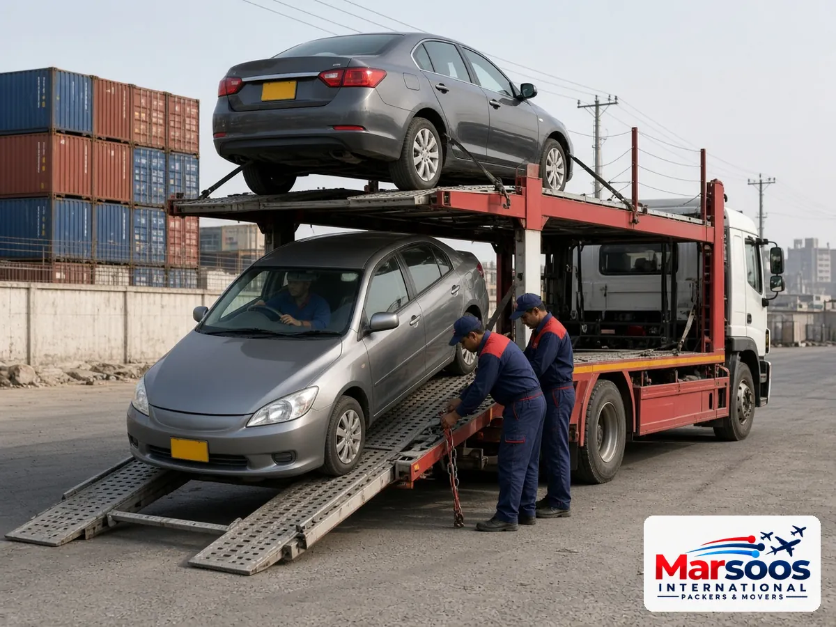 Sedan being loaded onto a car carrier in Karachi