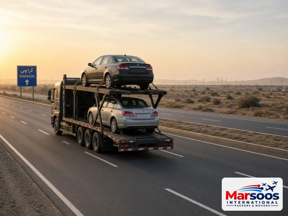 Car carrier transporting cars from Karachi on a Pakistani motorway