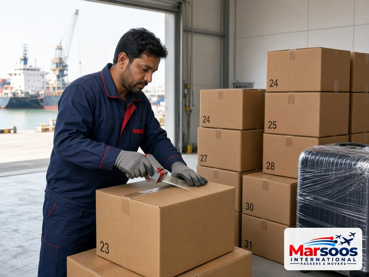 Numbered cartons packed for a household shipment from Pakistan to the UK
