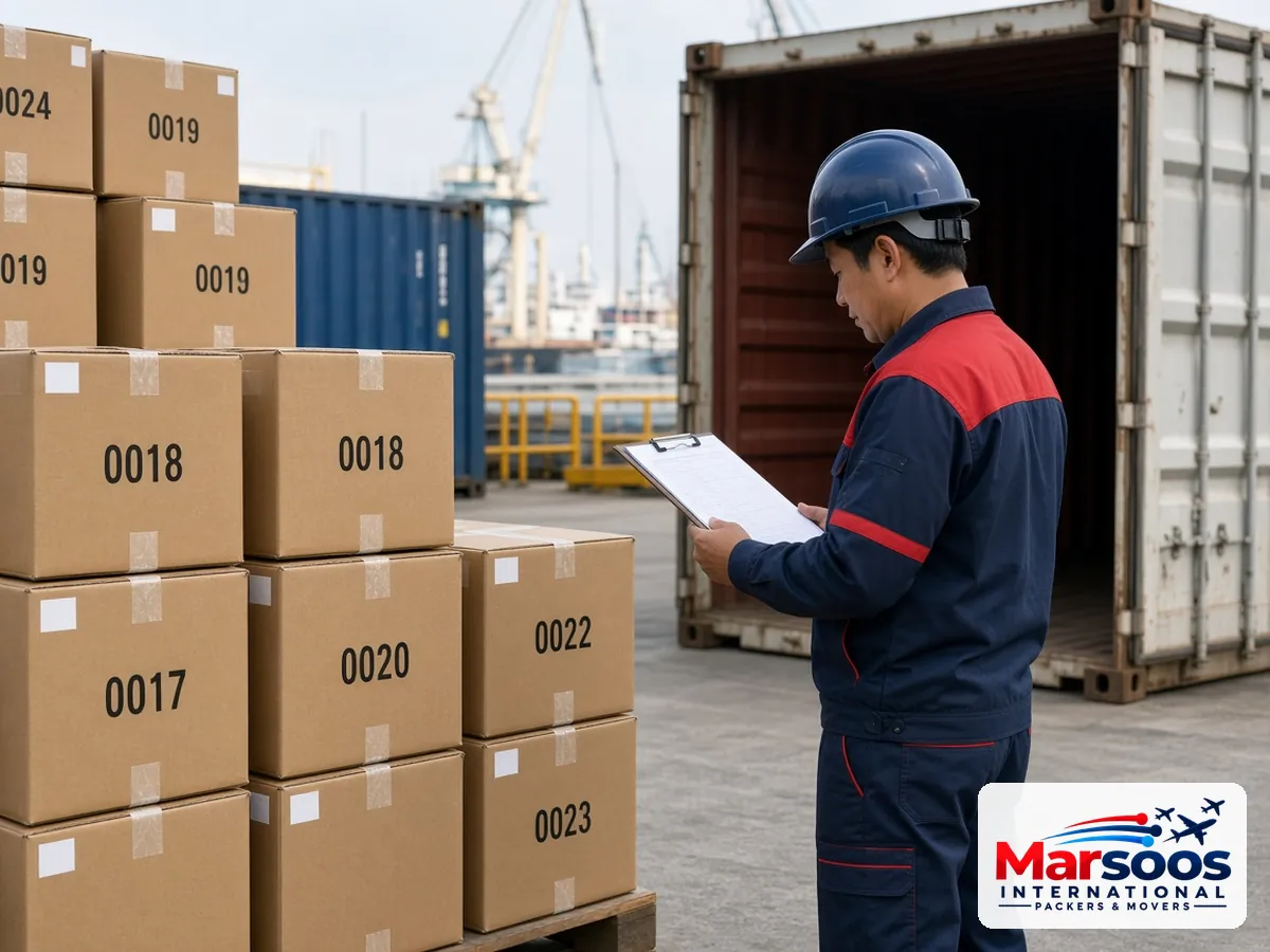 Household cartons checked against a packing list at a port warehouse