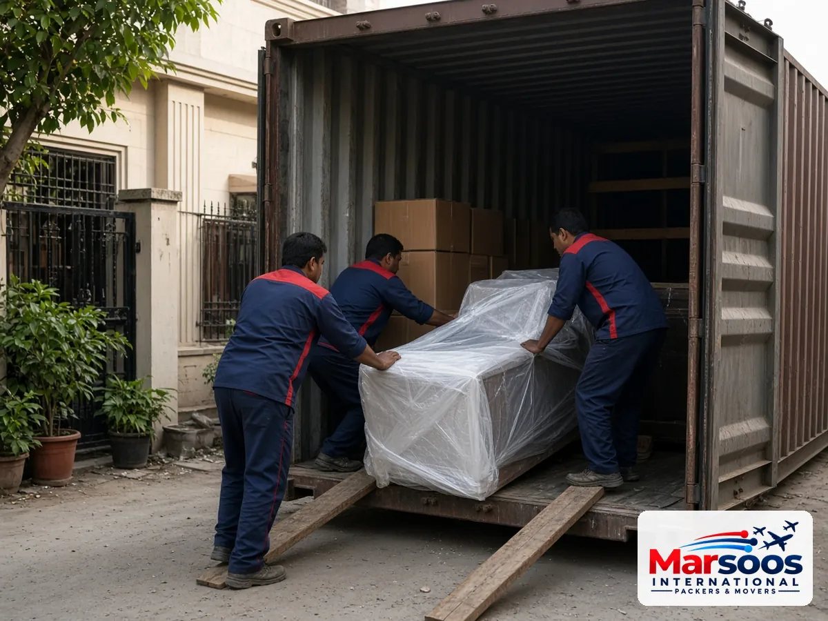 Marsoos crew loading household goods into a shipping container in Lahore
