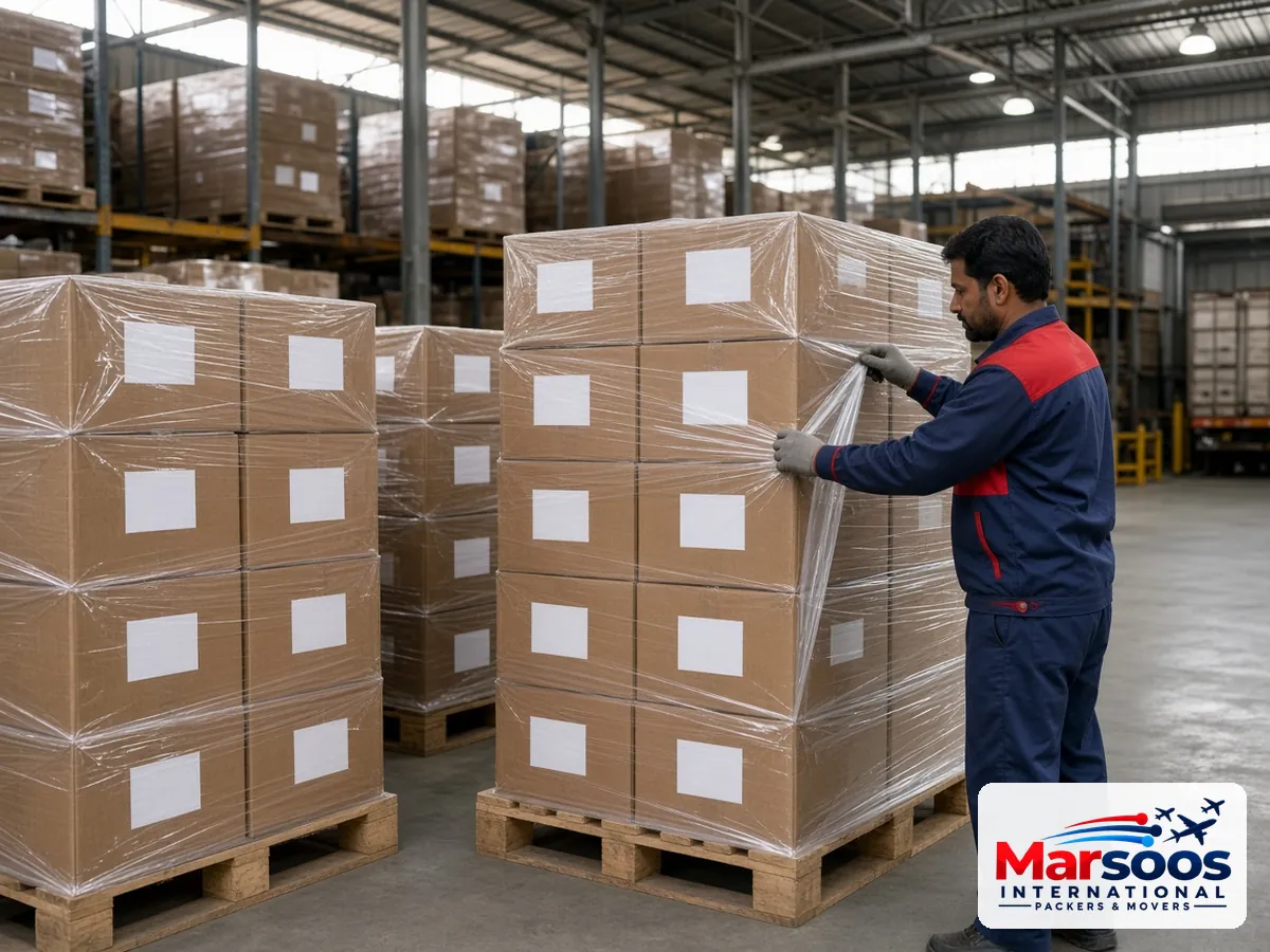 Export cartons stretch-wrapped on pallets for international cargo from Pakistan