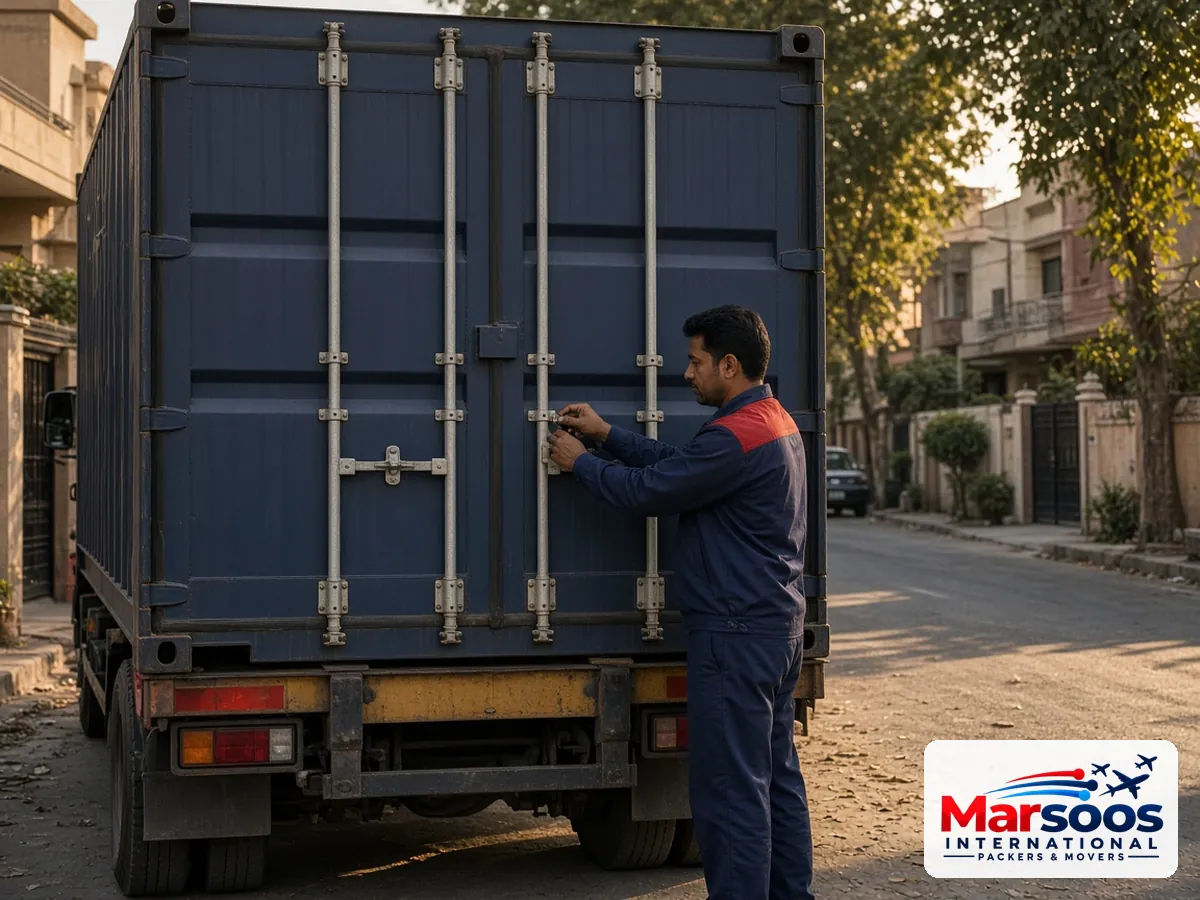 Marsoos mover sealing a loaded container for an overseas relocation
