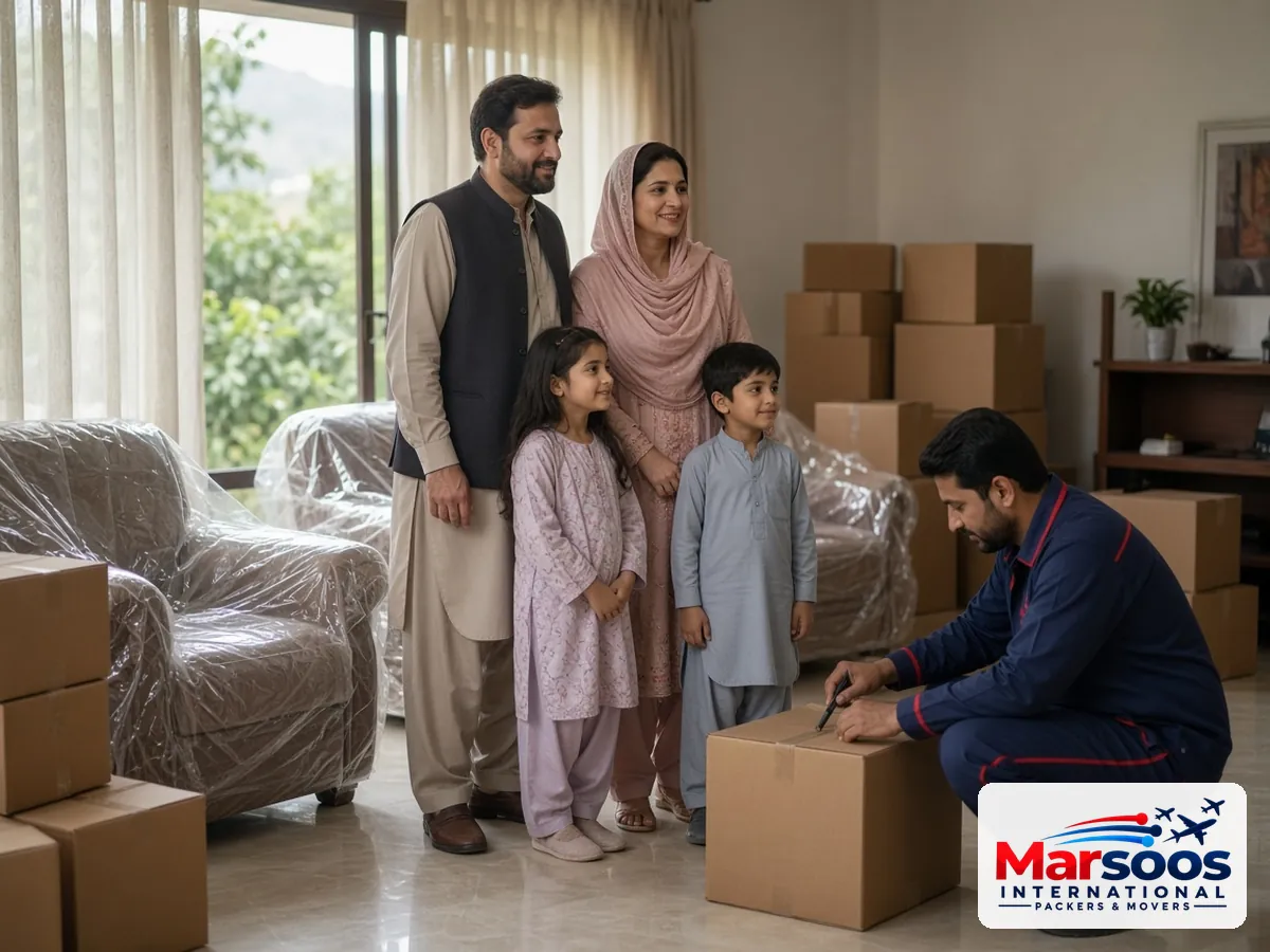Pakistani family with packed boxes during an international relocation from Islamabad