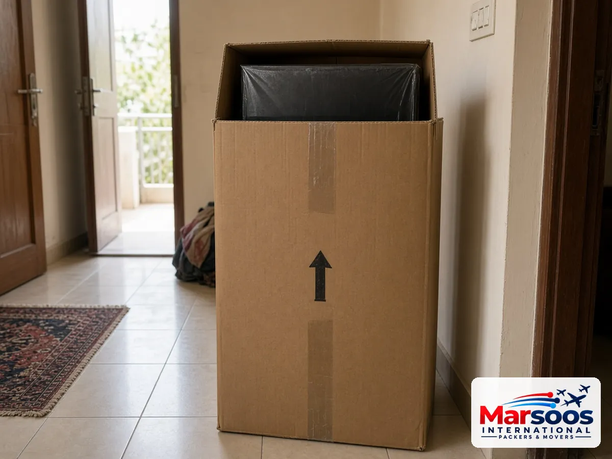 LED TV packed upright in a carton with nothing stacked on the screen