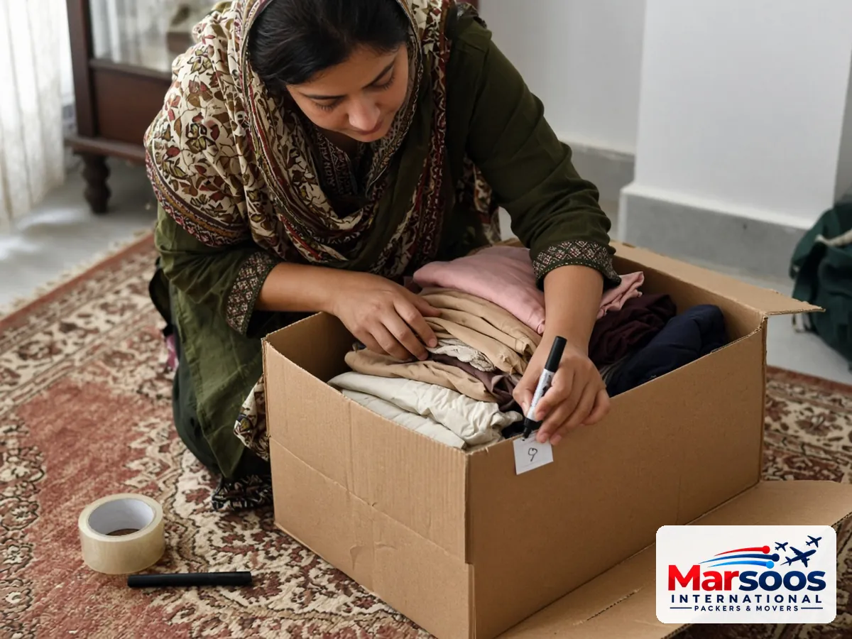Packing clothes tightly in a carton for sea cargo from Pakistan