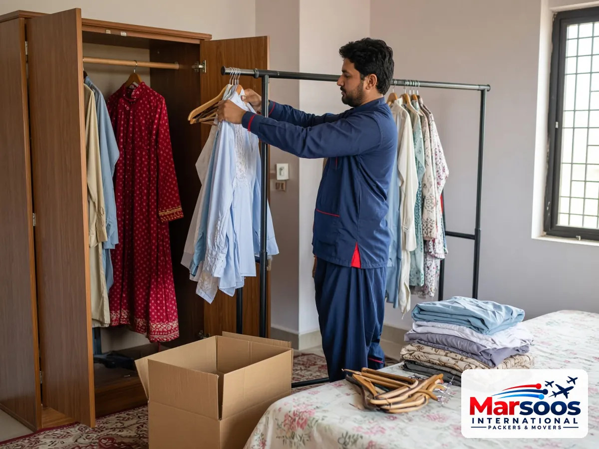 Mover taking hanging clothes out of a wardrobe for a house shift in Pakistan
