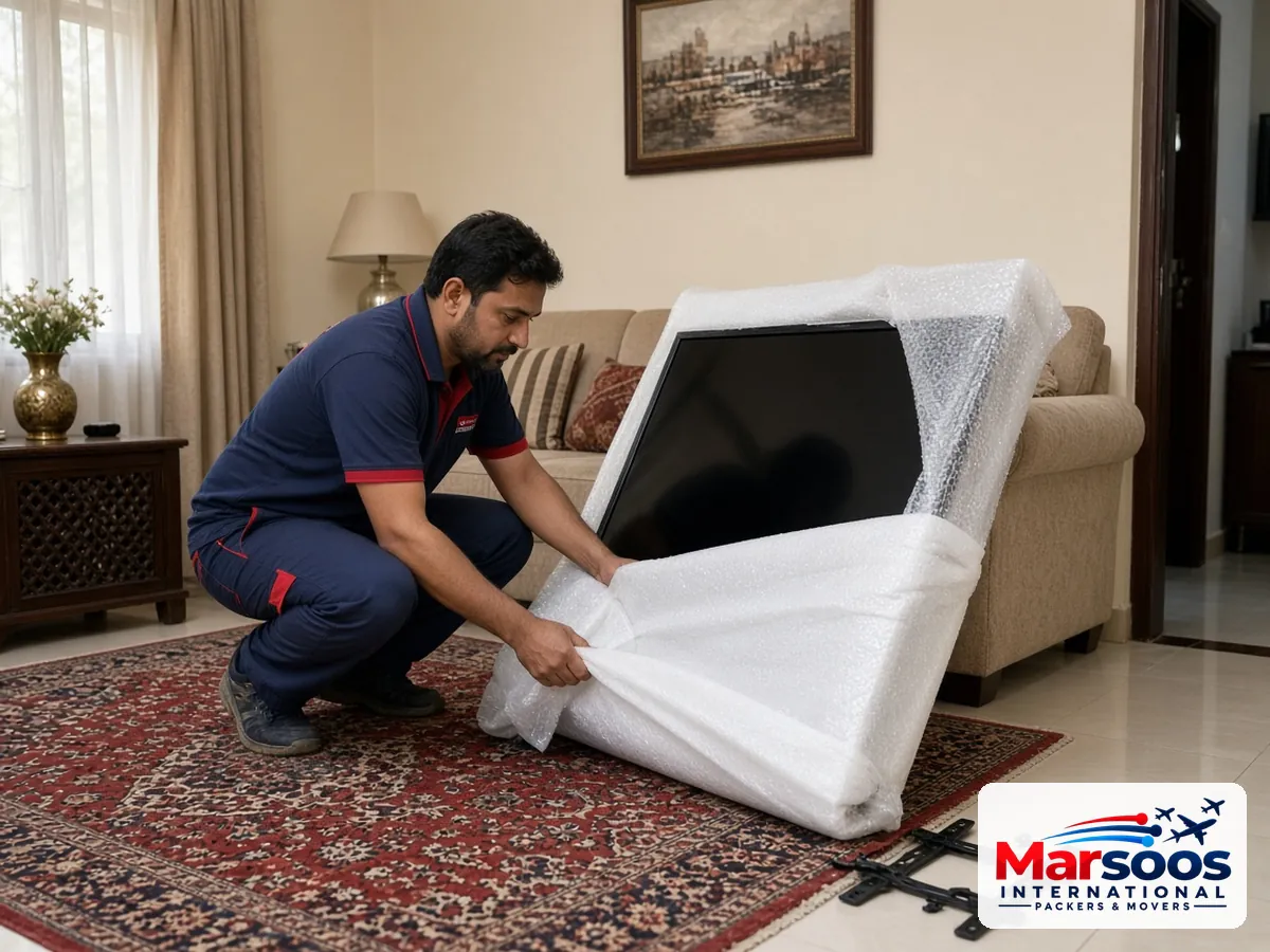 Mover wrapping an LED TV with foam before a house shift in Pakistan