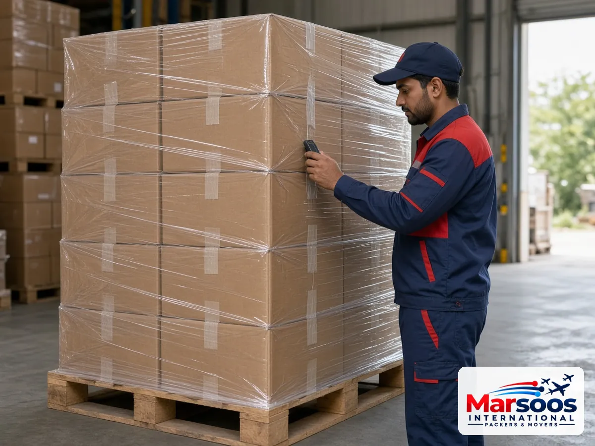 Sealed cartons stacked and wrapped for sea cargo from Pakistan