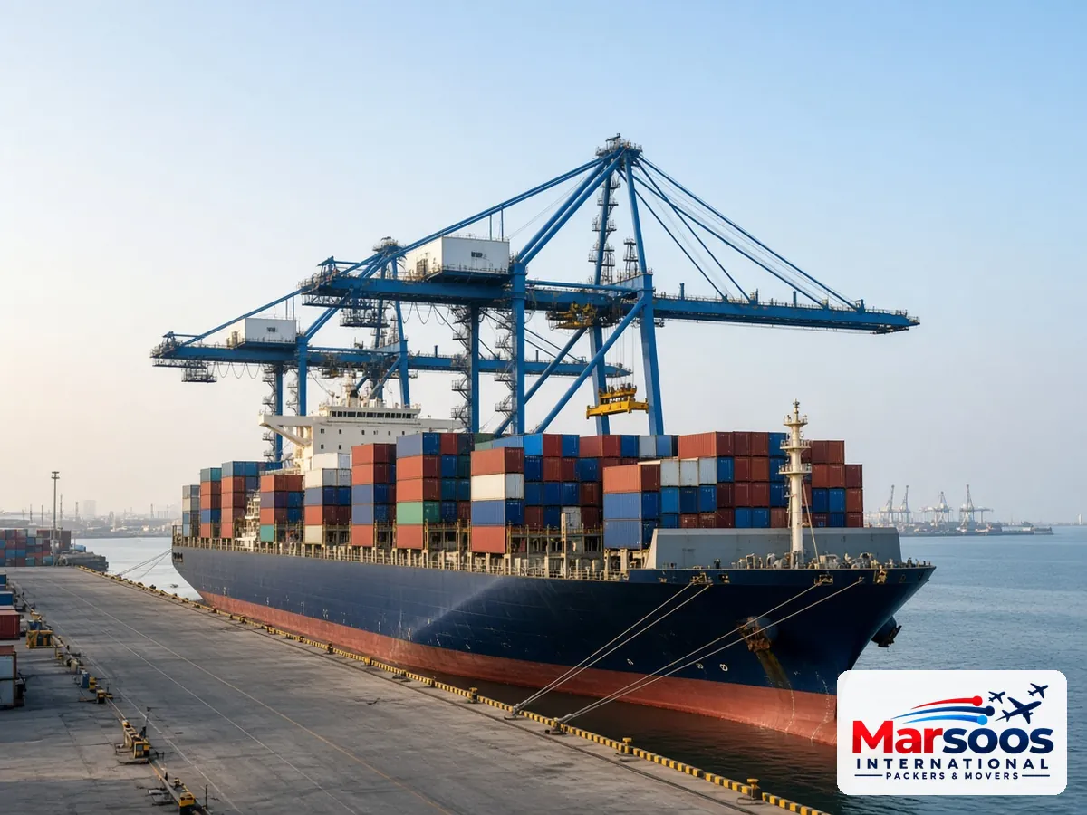 Container ship and gantry cranes at Karachi port for sea freight from Pakistan