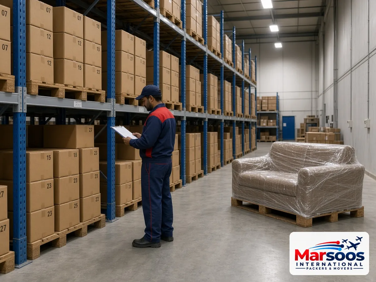 Household cartons and wrapped furniture in short-term storage in Karachi