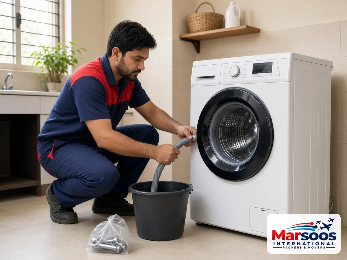Draining a washing machine hose before a house shift in Pakistan