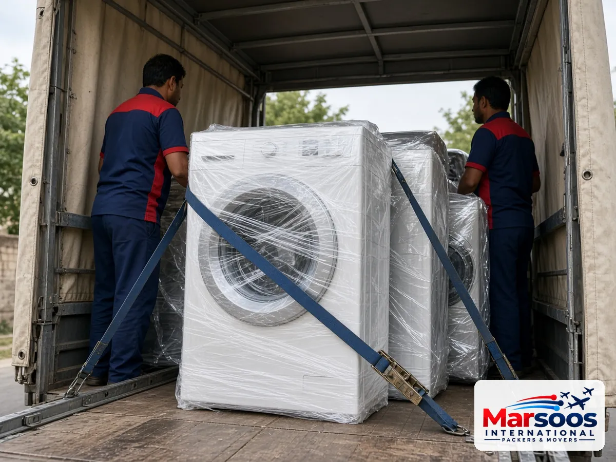 Washing machine wrapped and kept upright on the moving truck
